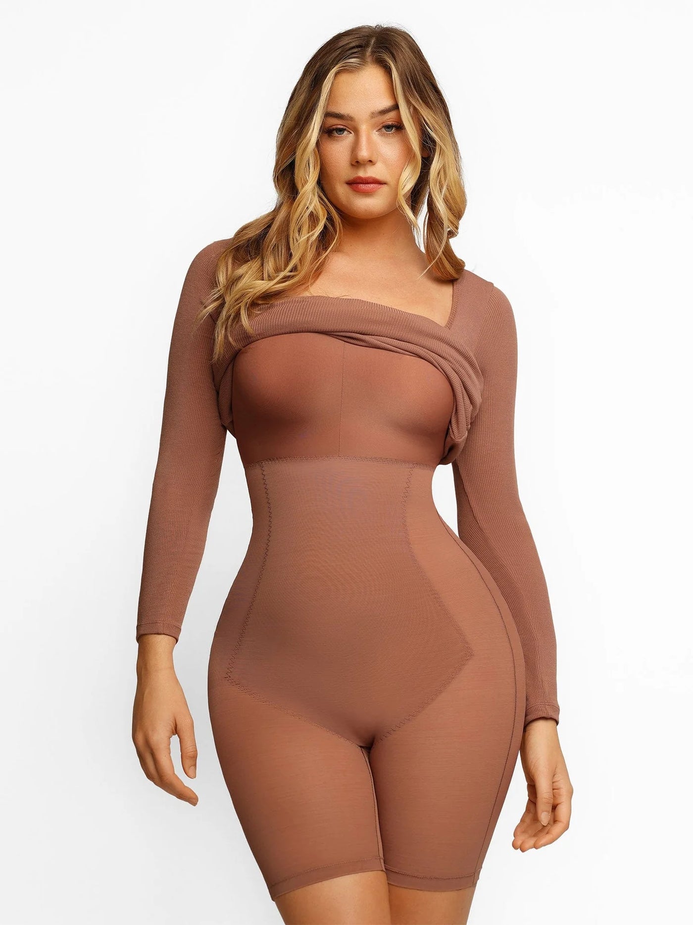 Solid Long Sleeve Dress With Built in Shapewear - Lumikova