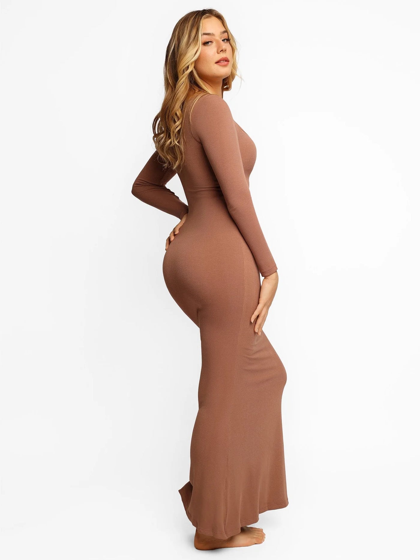 Solid Long Sleeve Dress With Built in Shapewear - Lumikova