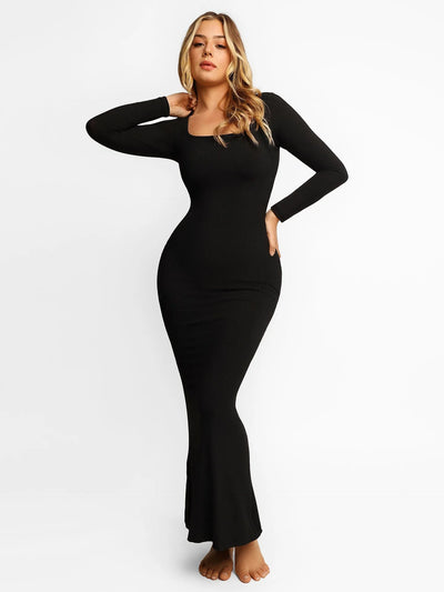 Solid Long Sleeve Dress With Built in Shapewear - Lumikova