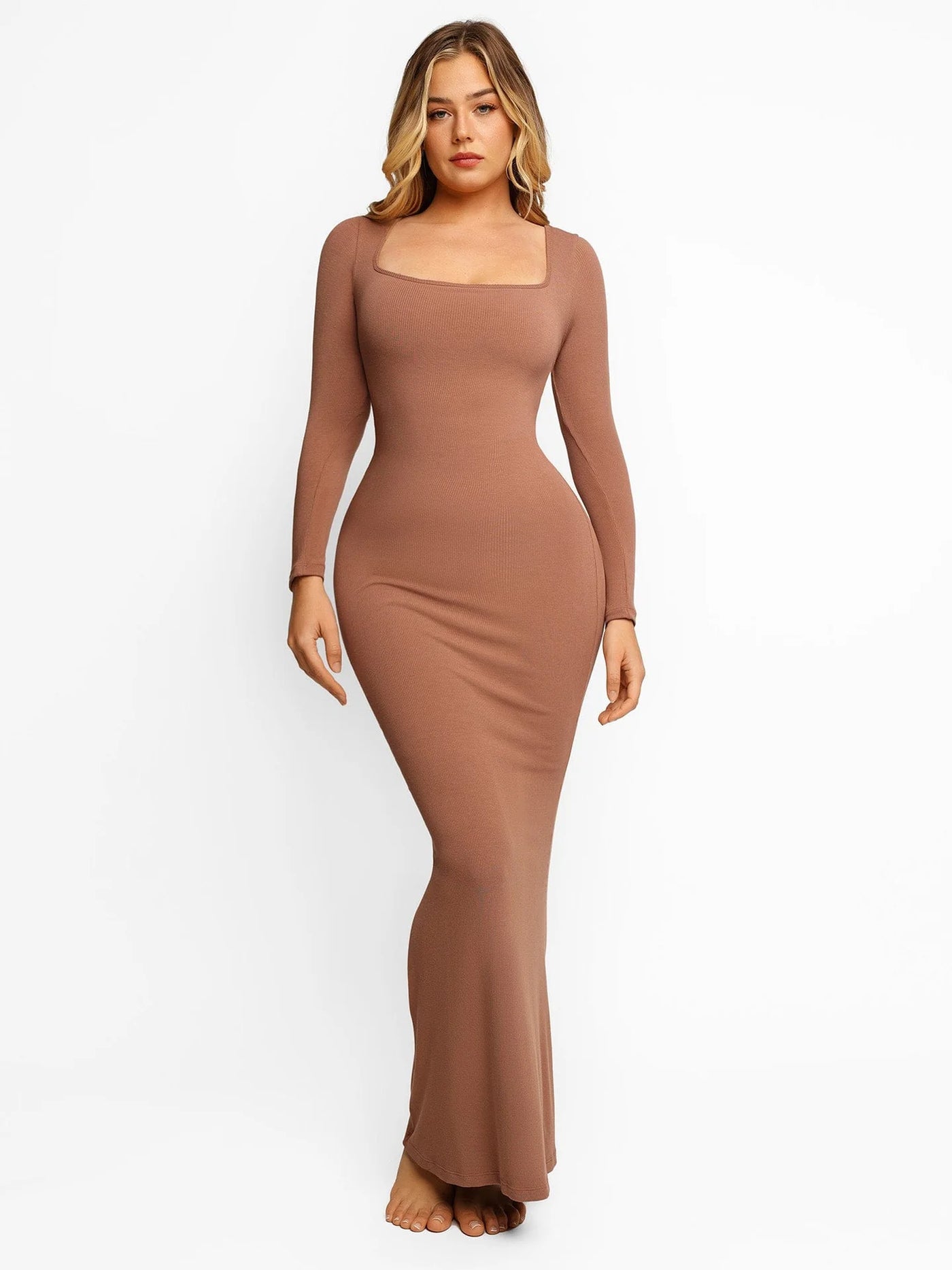 Solid Long Sleeve Dress With Built in Shapewear - Lumikova