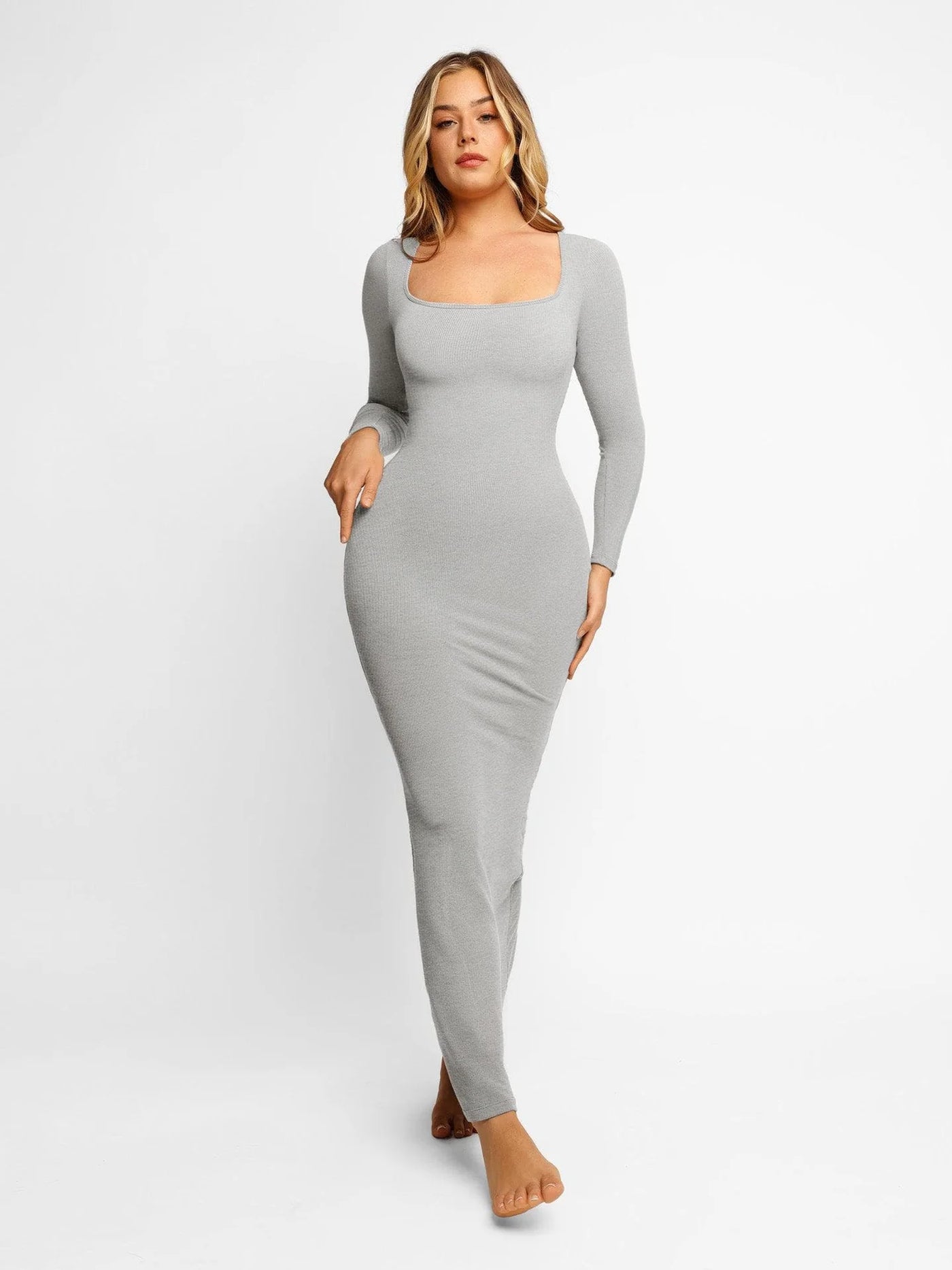 Solid Long Sleeve Dress With Built in Shapewear - Lumikova