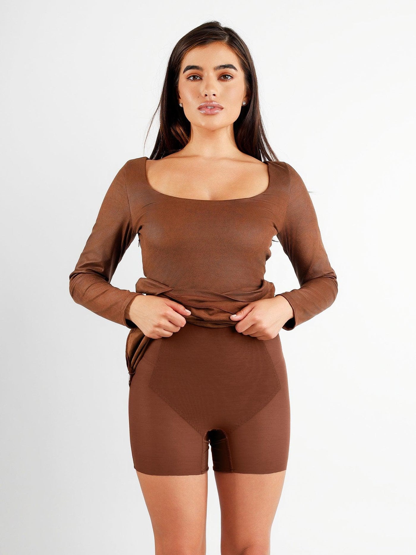 Shapewear Faux Suede Long Sleeve Bodycon Mini Dress