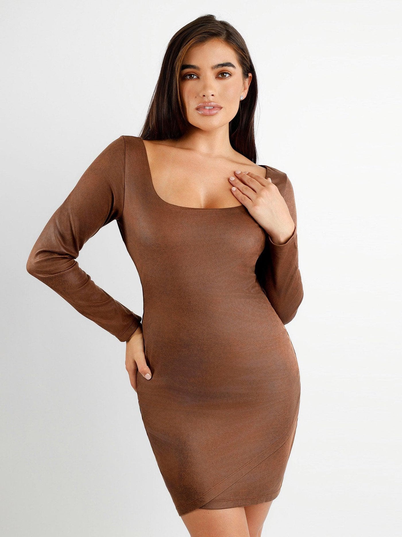 Shapewear Faux Suede Long Sleeve Bodycon Mini Dress