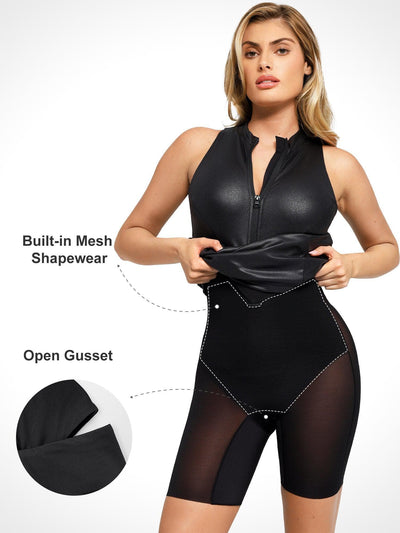 Shapewear Sculpting Faux Leather Zip Front Midi Dress