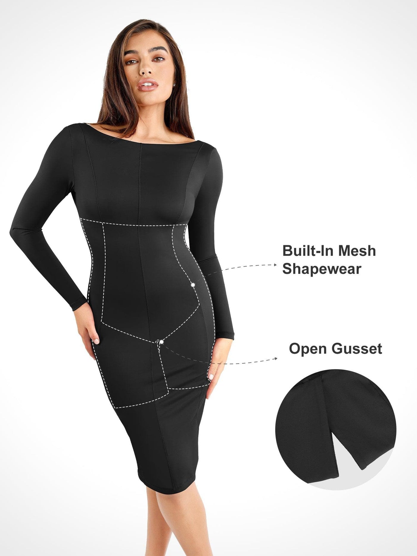 Shapewear Long Sleeve Boat Neck Sculpting Midi Dress