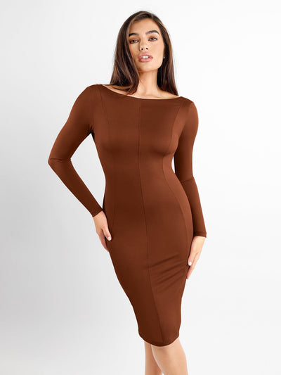 Shapewear Long Sleeve Boat Neck Sculpting Midi Dress