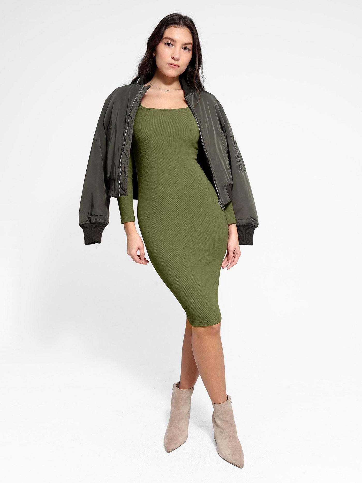 Shapewear Long Sleeve Square Neck Modal Slimming Midi Dress