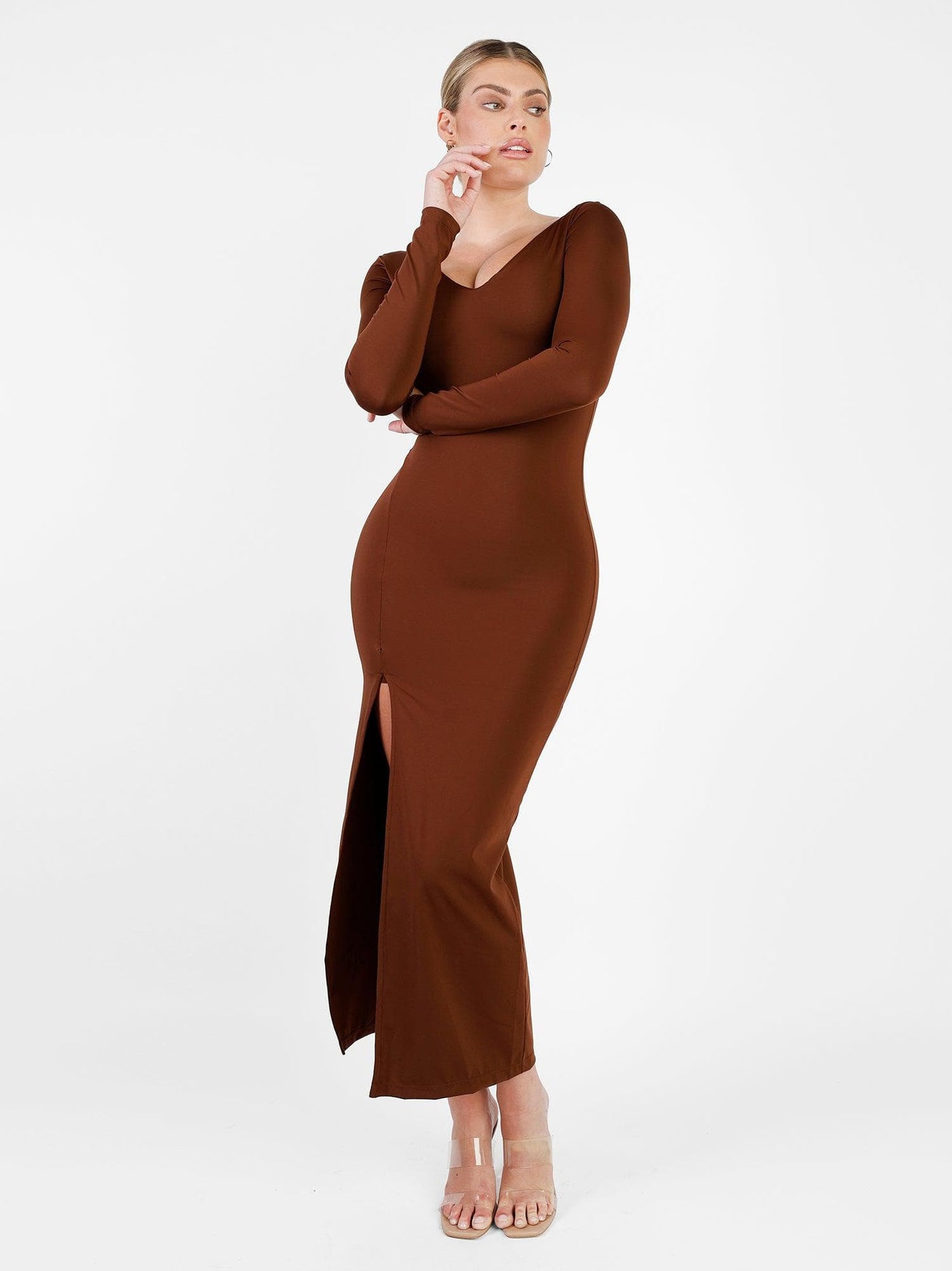 Shapewear Long Sleeve V-Neck Low Back Slimming Maxi Dress