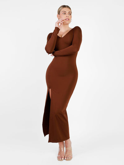 Shapewear Long Sleeve V-Neck Low Back Slimming Maxi Dress