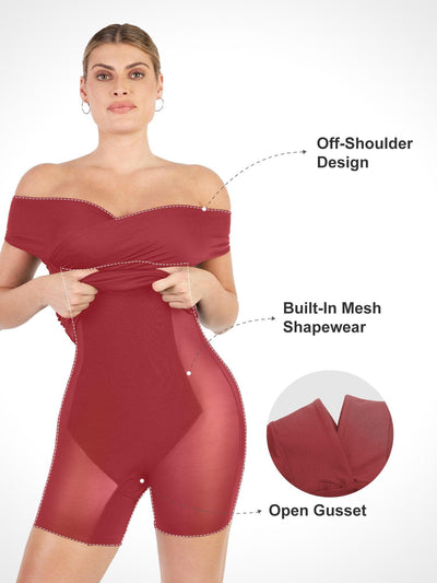 Shapewear Ruched Off-Shoulder Sculpting Midi Dress