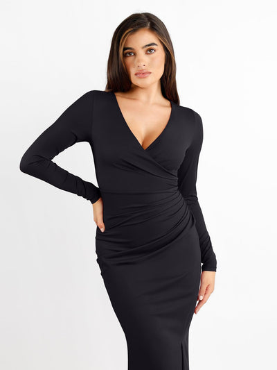 Shapewear Ruched Long Sleeve Faux Wrap Slimming Midi Dress