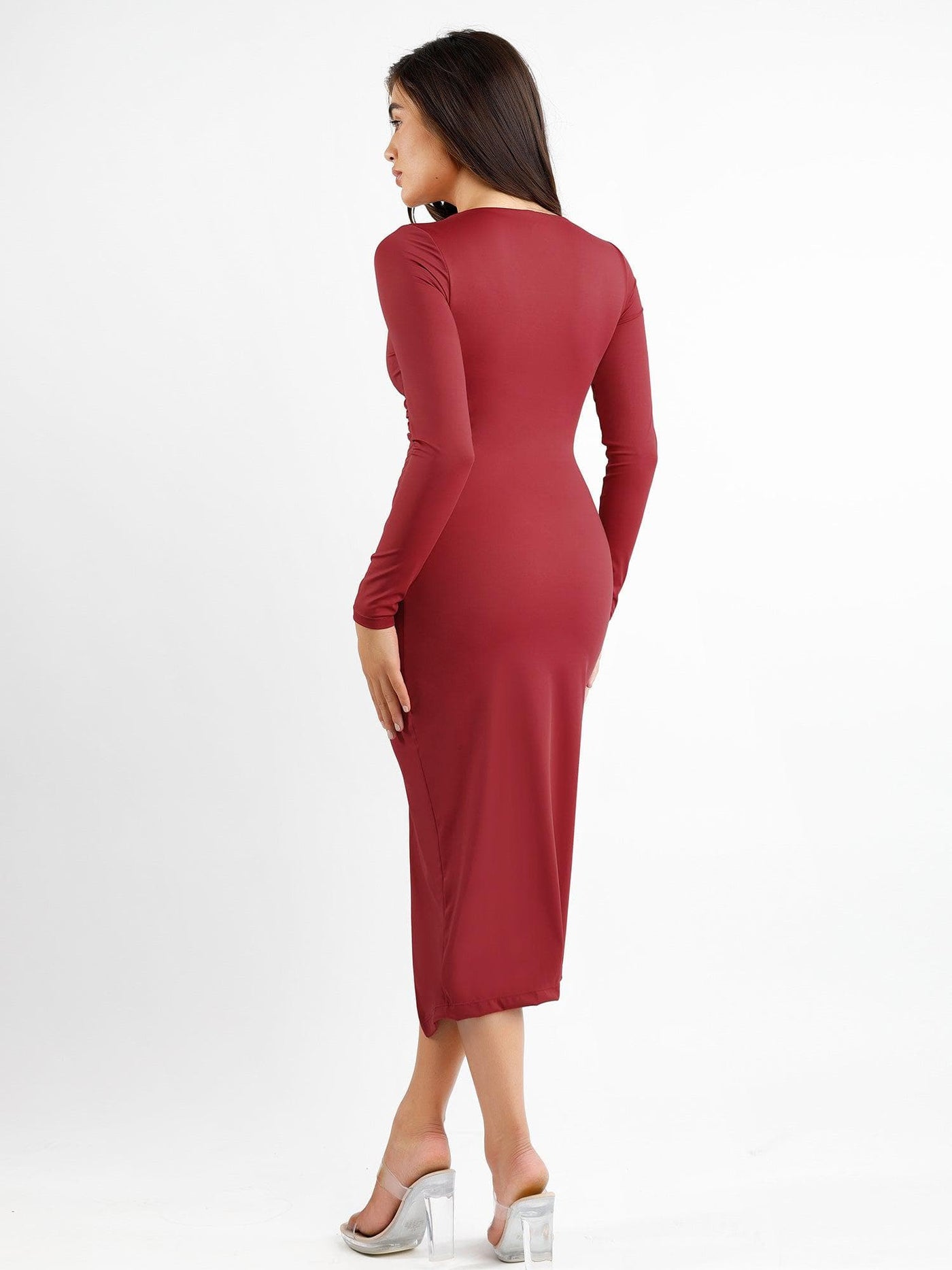 Shapewear Ruched Long Sleeve Faux Wrap Slimming Midi Dress