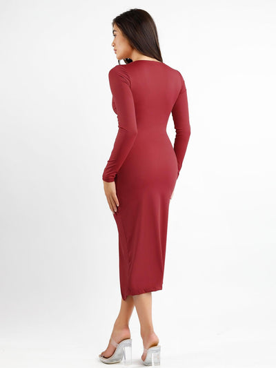 Shapewear Ruched Long Sleeve Faux Wrap Slimming Midi Dress