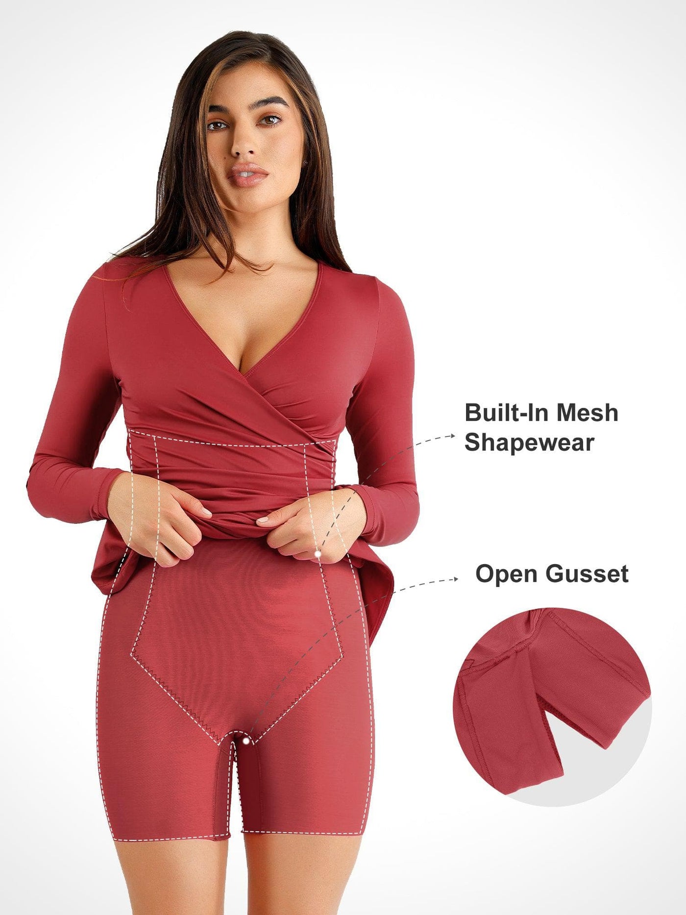 Shapewear Ruched Long Sleeve Faux Wrap Slimming Midi Dress