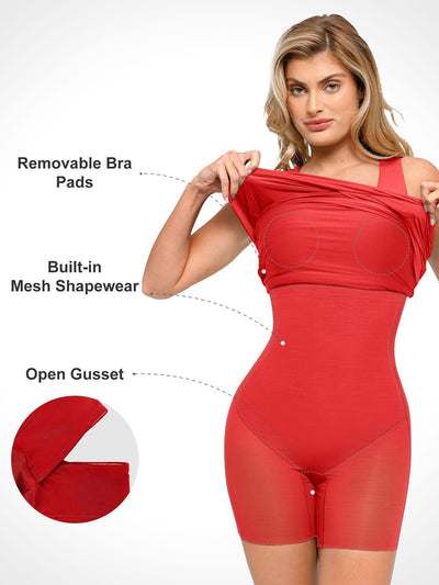 Shapewear Square Neck Sleeveless Ruched Bodycon Mini Dress