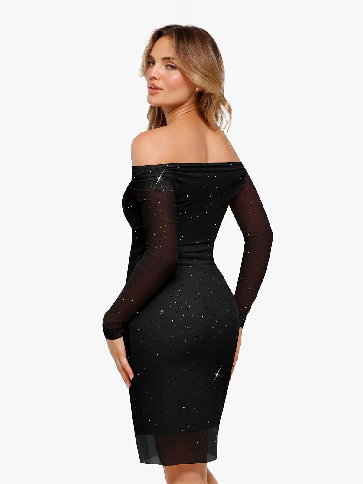 Shapewear Heat-Set Crystal Mesh Long Sleeve Slim Mini Dress