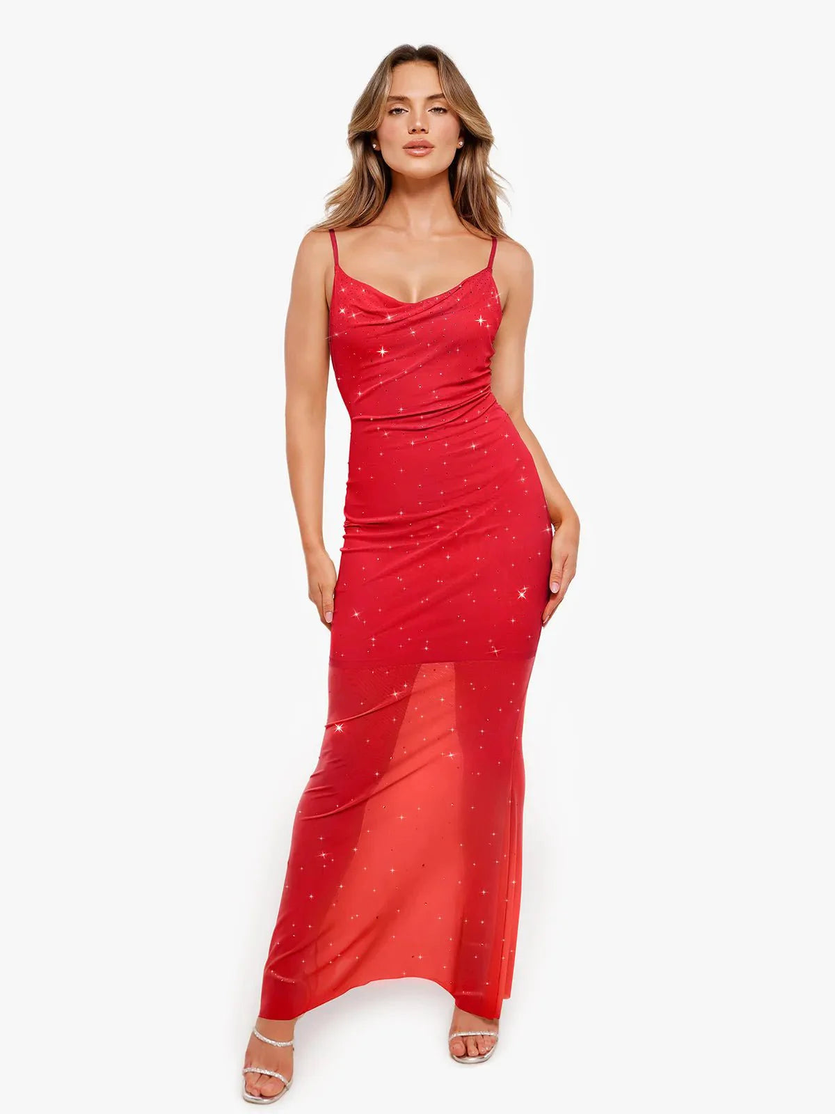 Shapewear Heat-Set Crystal Mesh Slimming Slip Maxi Dress