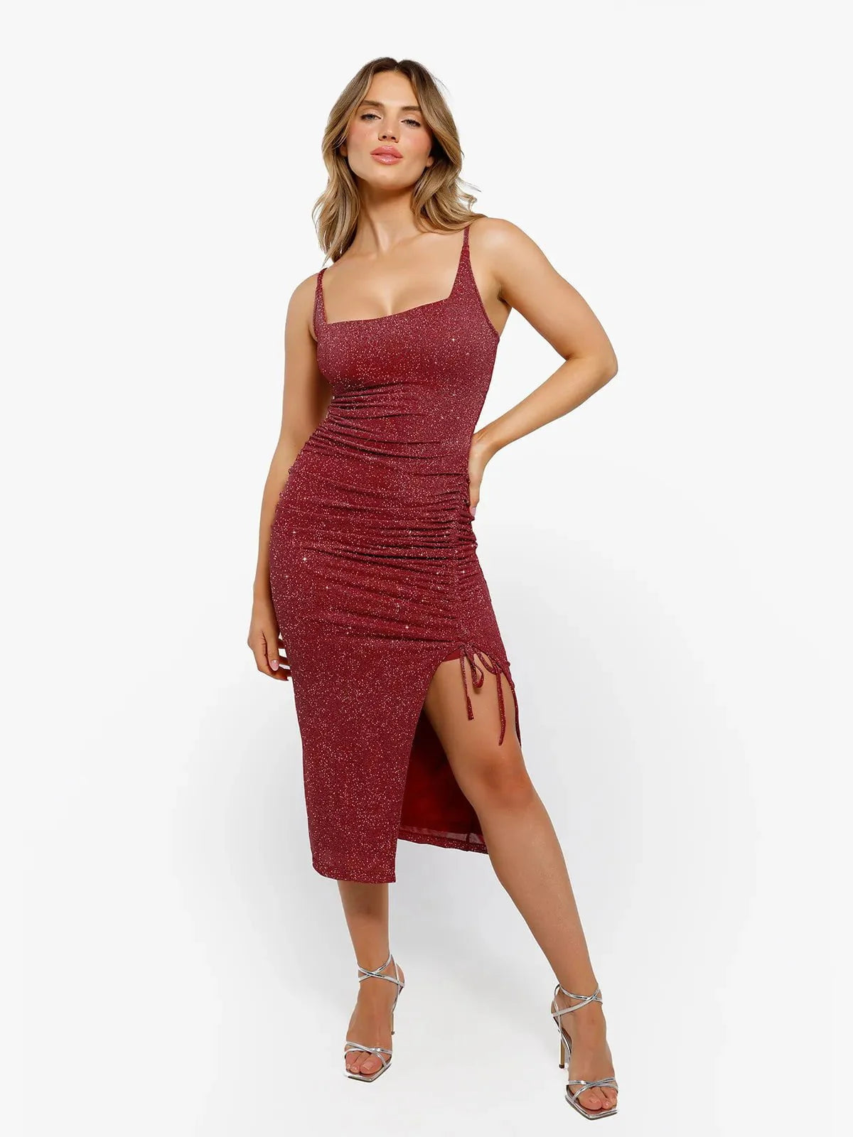 Shapewear Metallic Knit Bodycon Sculpting Slip Midi Dress