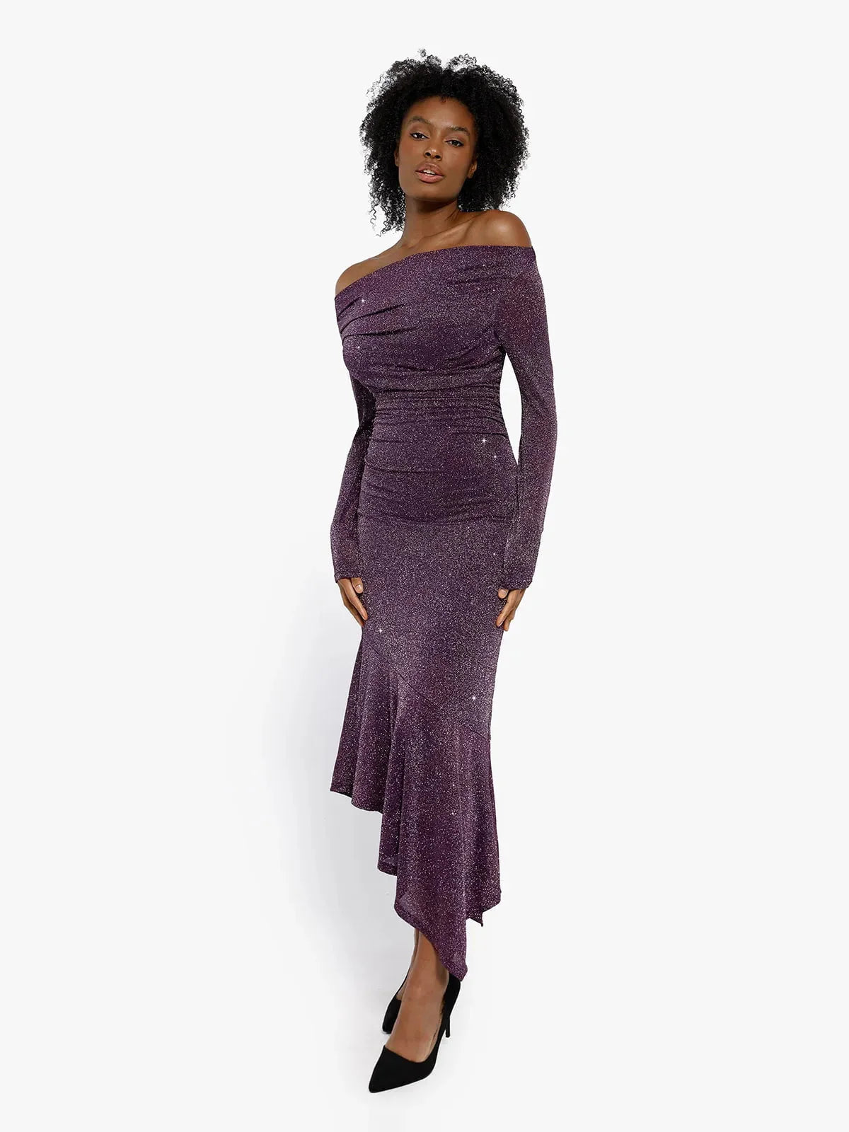 Shapewear Metallic Knit Long Sleeve Slim Mermaid Maxi Dress