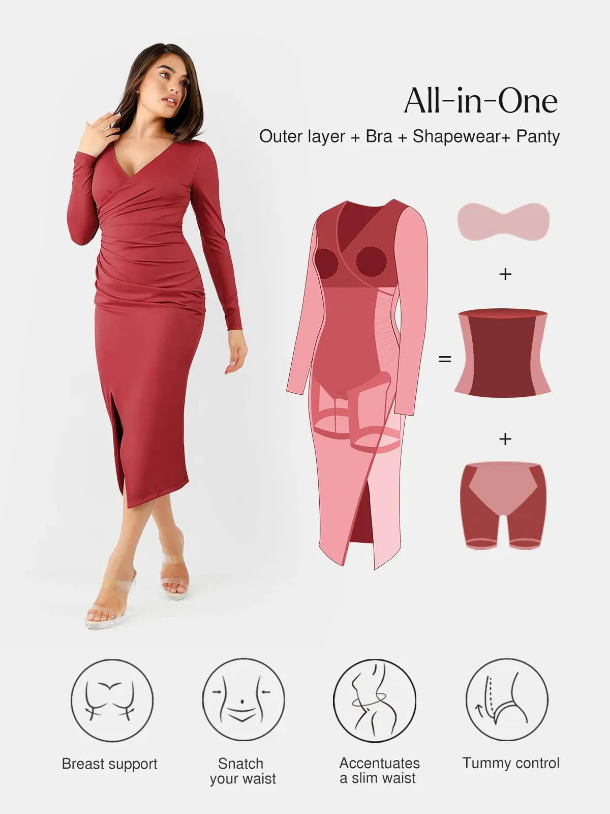 Shapewear Ruched Long Sleeve Faux Wrap Slimming Midi Dress