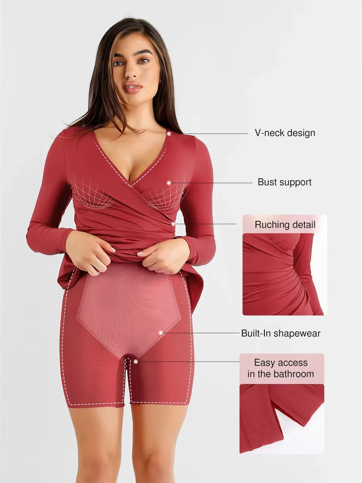 Shapewear Ruched Long Sleeve Faux Wrap Slimming Midi Dress