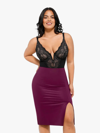 Shapewear Sculpting Faux Leather Front Slit Midi Skirt