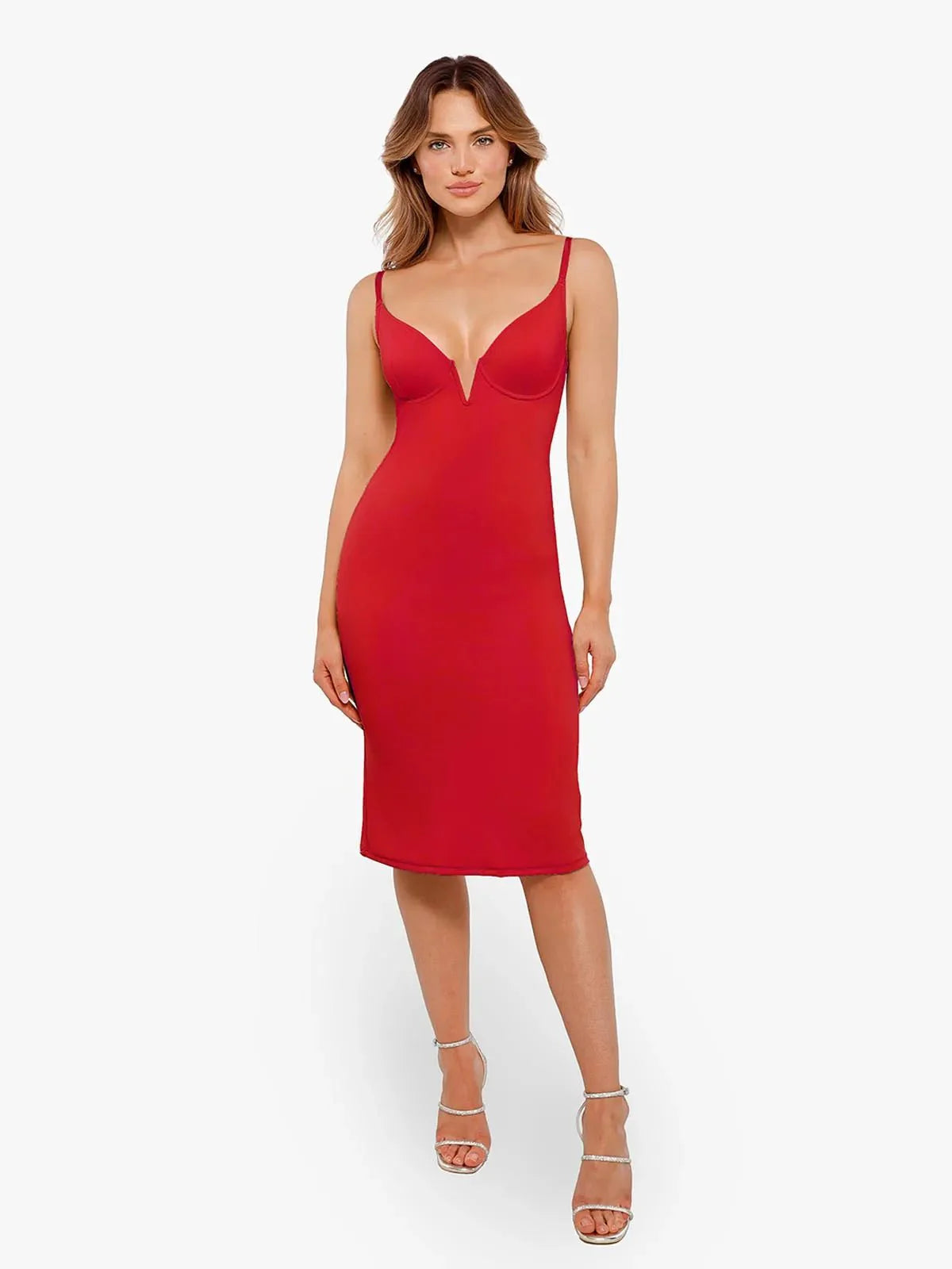 Shapewear Two-in-One Heat-Set Crystal Mesh Slim Midi Dress