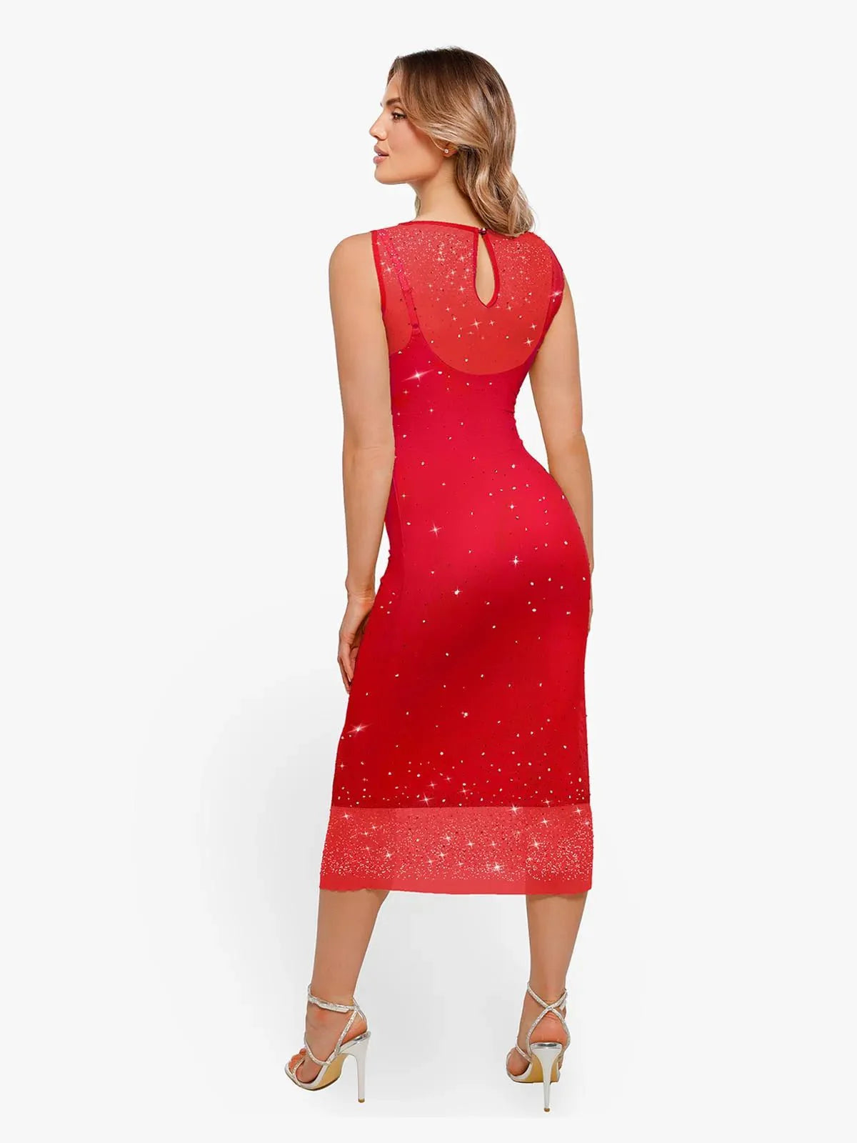 Shapewear Two-in-One Heat-Set Crystal Mesh Slim Midi Dress