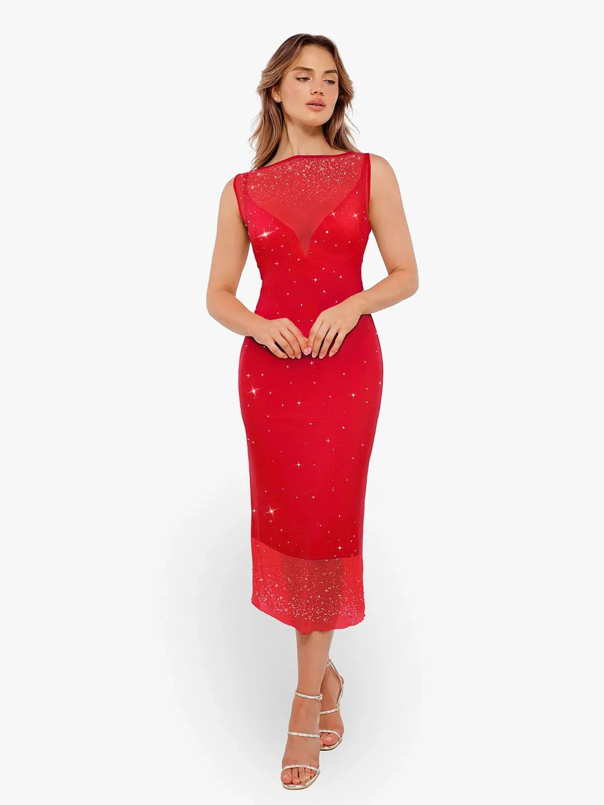 Shapewear Two-in-One Heat-Set Crystal Mesh Slim Midi Dress