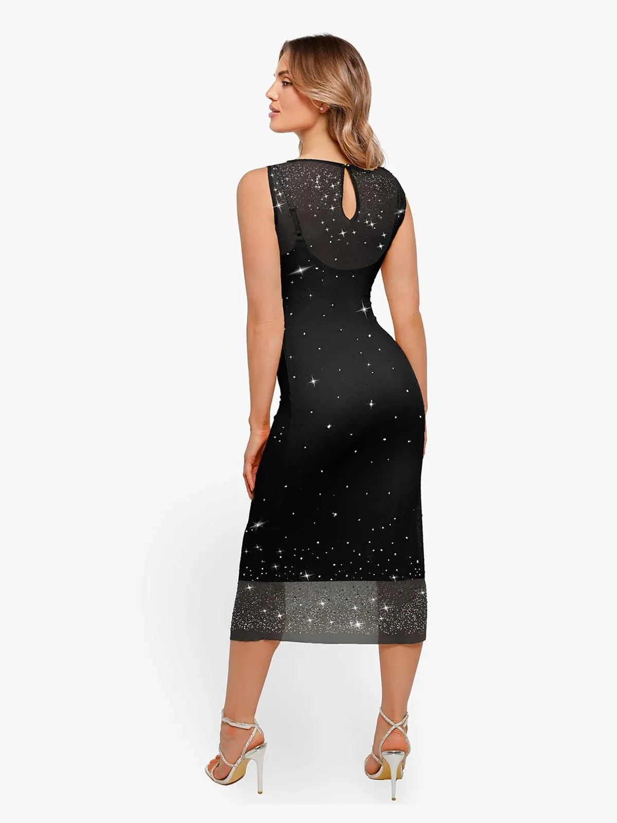 Shapewear Two-in-One Heat-Set Crystal Mesh Slim Midi Dress