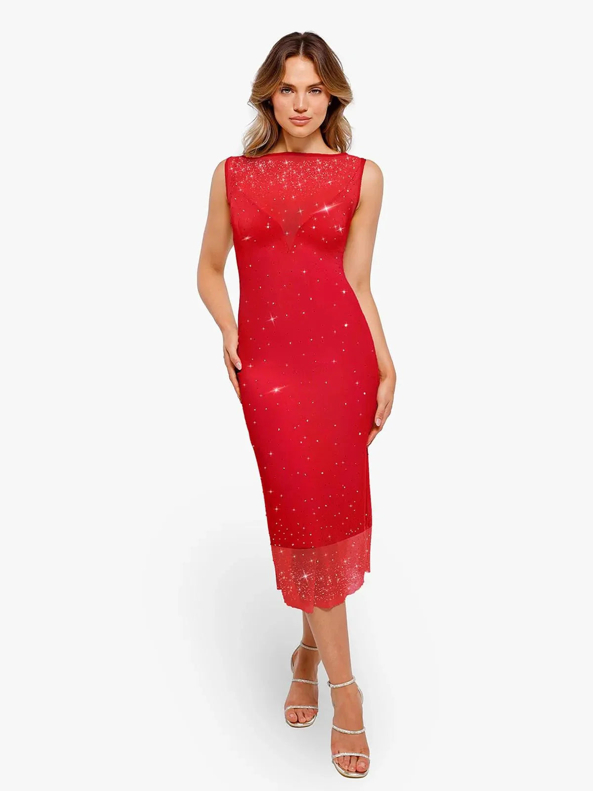 Shapewear Two-in-One Heat-Set Crystal Mesh Slim Midi Dress