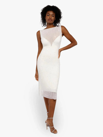 Shapewear Two-in-One Heat-Set Crystal Mesh Slim Midi Dress