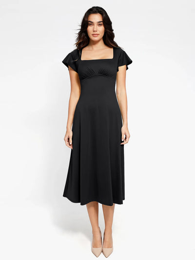 Shapewear Flutter Sleeve Sculpting A-Line Midi Dress