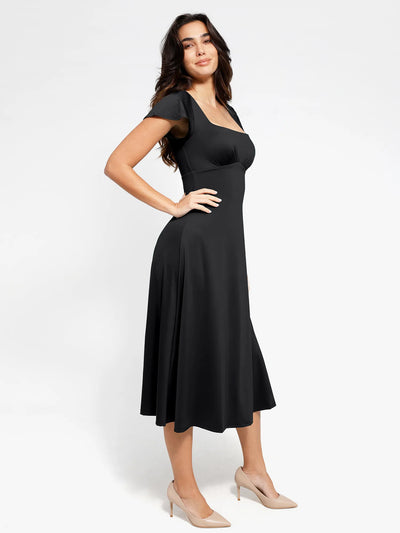 Shapewear Flutter Sleeve Sculpting A-Line Midi Dress