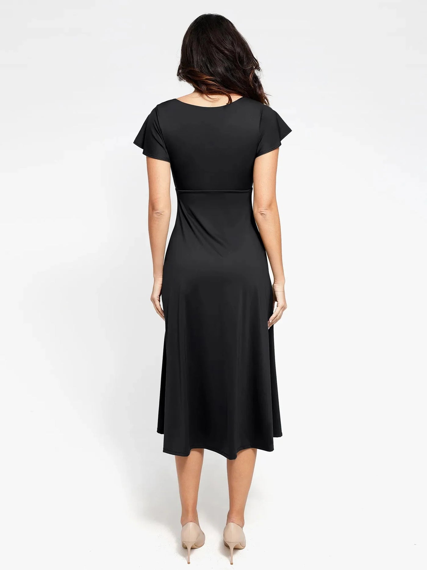 Shapewear Flutter Sleeve Sculpting A-Line Midi Dress