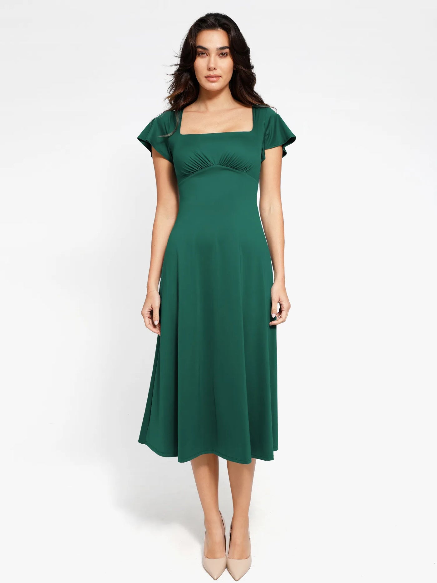 Shapewear Flutter Sleeve Sculpting A-Line Midi Dress