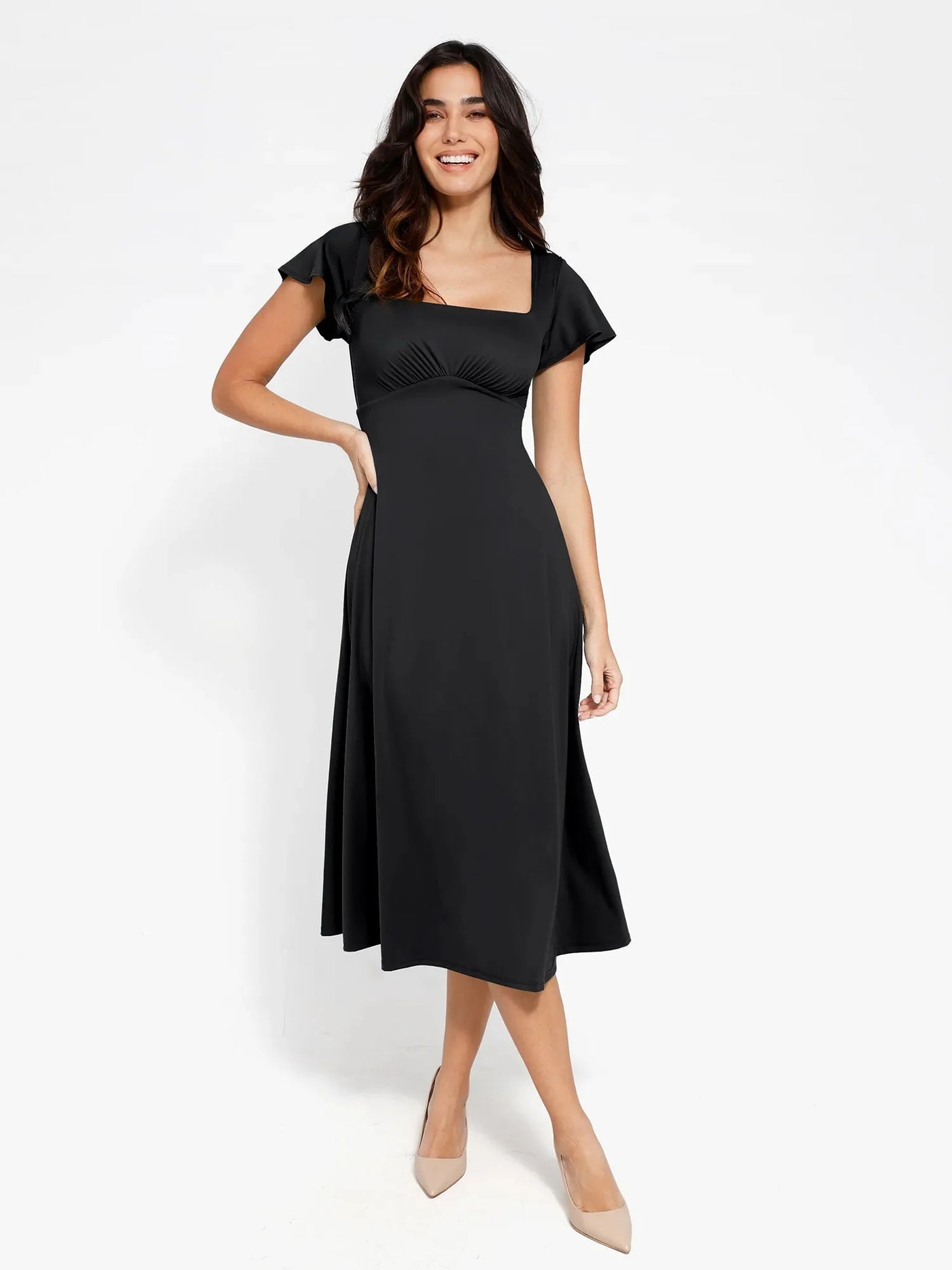 Shapewear Flutter Sleeve Sculpting A-Line Midi Dress