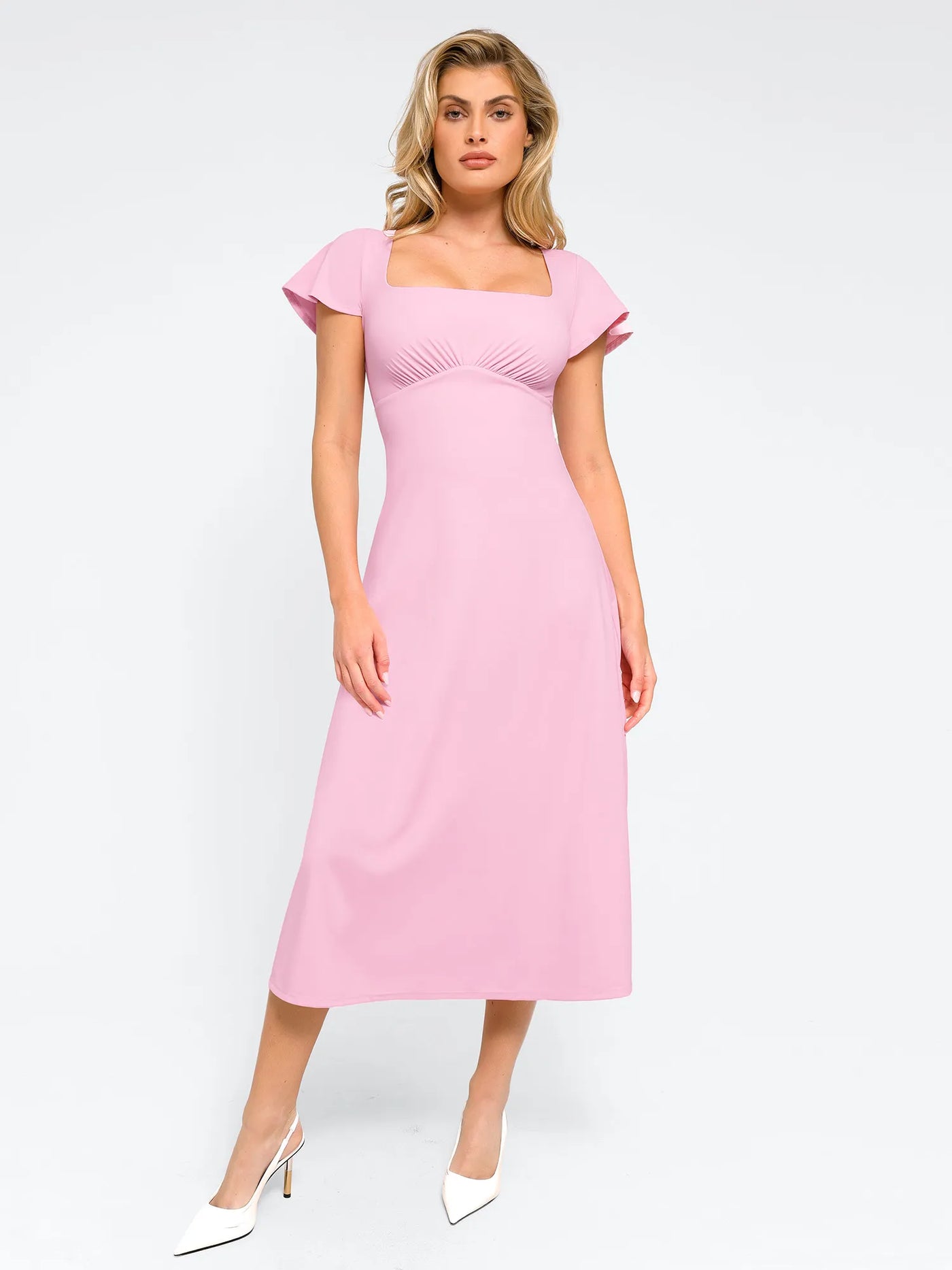 Shapewear Flutter Sleeve Sculpting A-Line Midi Dress