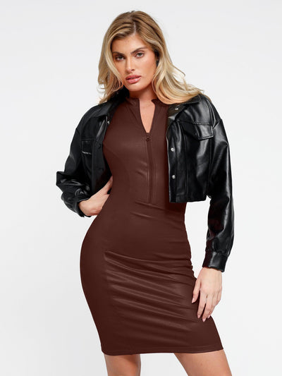 Shapewear Sculpting Faux Leather Zip Front Midi Dress