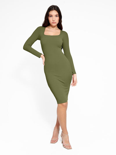 Shapewear Long Sleeve Square Neck Modal Slimming Midi Dress