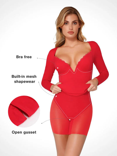 Shapewear Lace Trim V-Neck Long Sleeve Bodycon Mini Dress