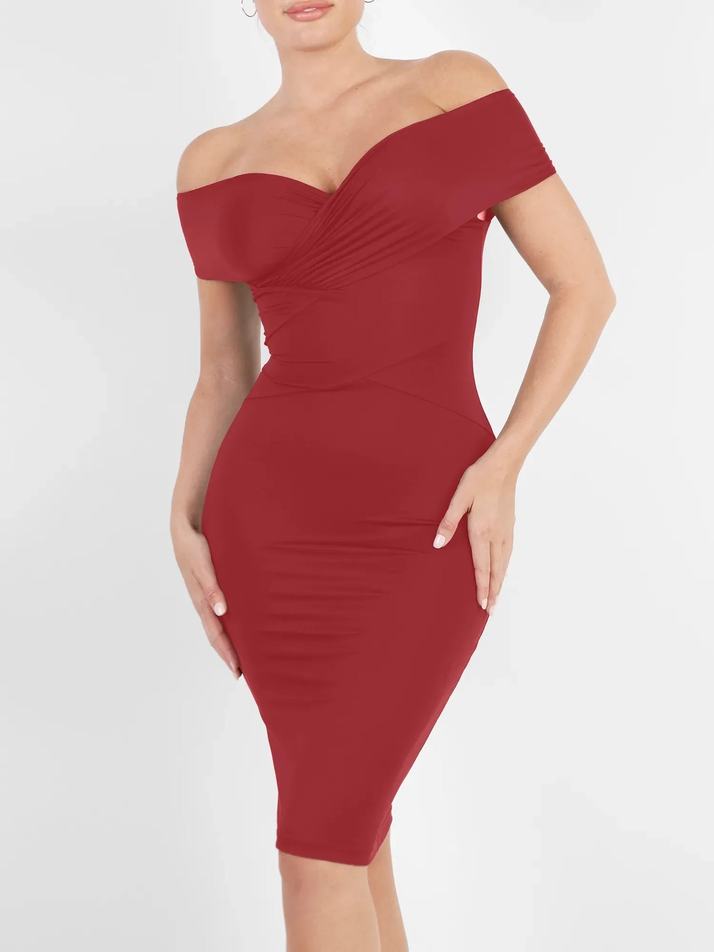 Shapewear Ruched Off-Shoulder Sculpting Midi Dress