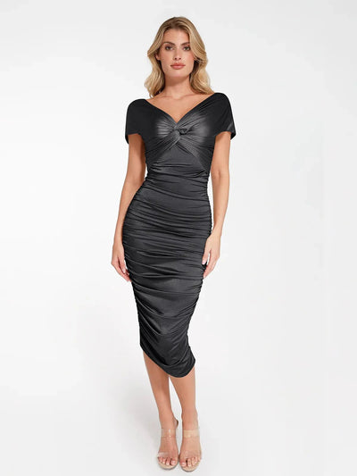 Shapewear Off-Shoulder Ruched Shine Sculpting Midi Dress