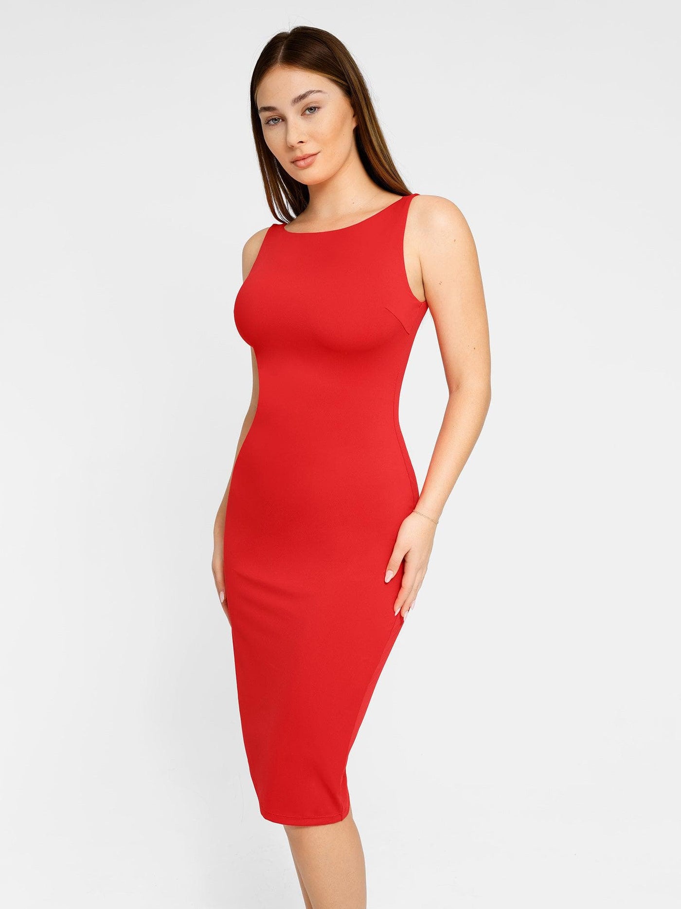 Shapewear Sleeveless Boatneck Sculpting Midi Work Dress