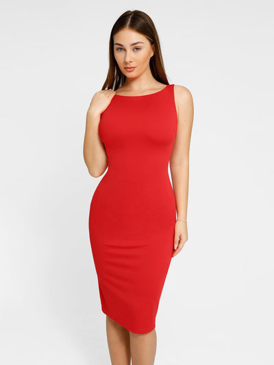 Shapewear Sleeveless Boatneck Sculpting Midi Work Dress