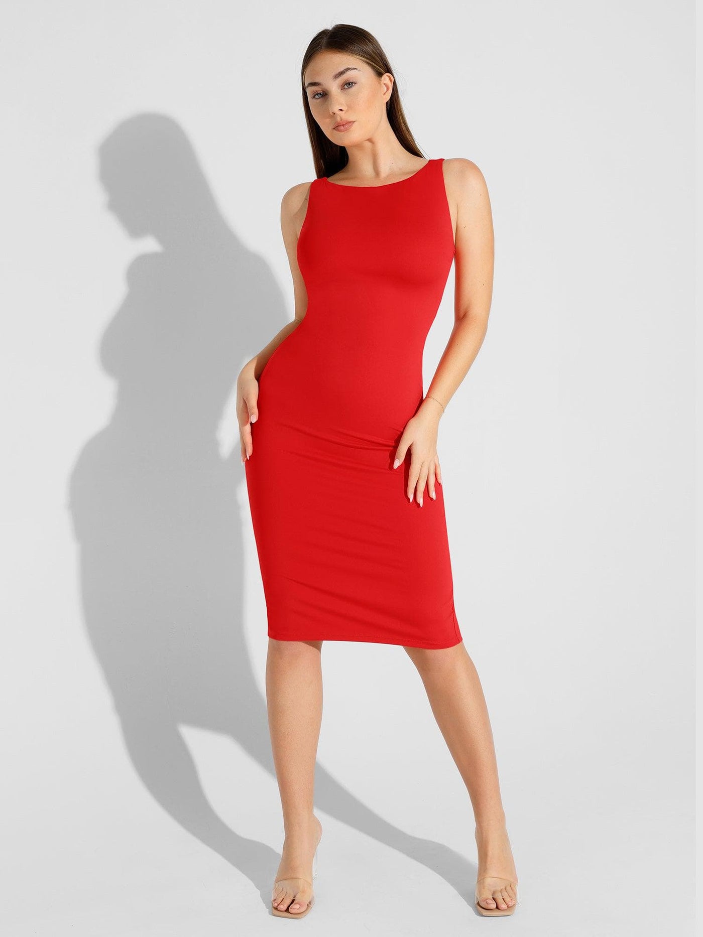 Shapewear Sleeveless Boatneck Sculpting Midi Work Dress