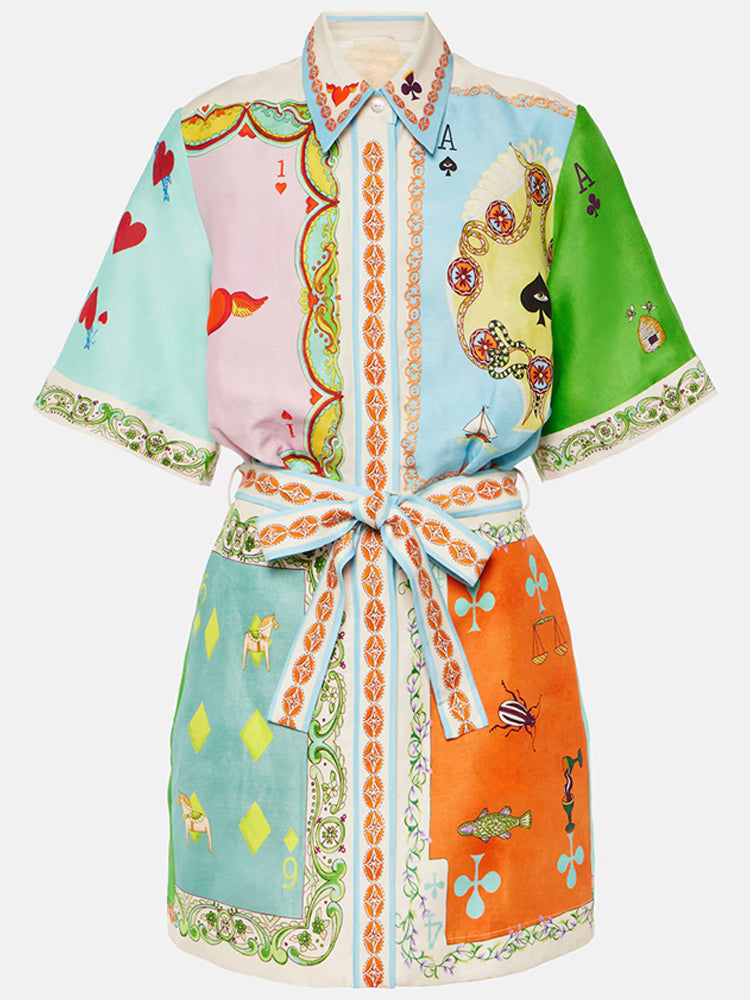 Linen Blend Unique Printed Short Sleeved Pocket Tie Waist Mini Dress - Lumikova